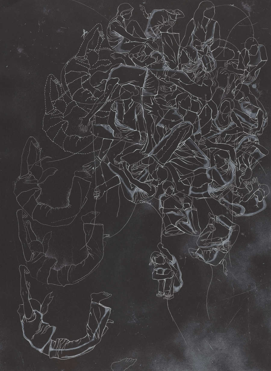 White outlines of figures in various poses on black paper. At the upper right is a tangled clump of figures. To the left are repeating images of a figure falling.