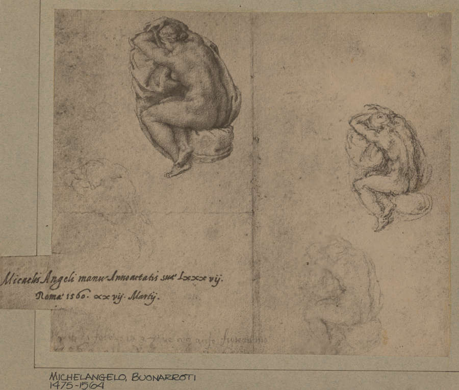 On worn paper, two sketches of a crouching nude figure. One on the left side above a handwritten note, the other slightly smaller along the right edge.