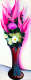 Narrow vertical painting of a curving vase that holds daisies, a purple flower, and pink flame-shaped leaves that extend upward.