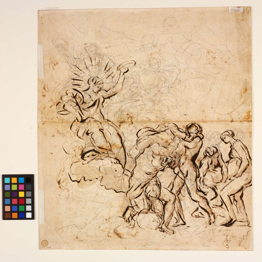 A pen and ink drawing of Hercules being saddled with the heavens, represented by clouds, by three nude women. At left, a seated woman looks on, surveying the event.