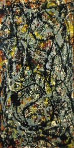 Abstract composition of black and white lines made up of drips and splatters crossing each other in chaotic webs on a textured backdrop of layered red, blue and yellow.