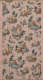 Tall panel of vintage wallpaper featuring a diagonal pattern of bucolic pastoral and architectural scenes amidst lush blue florals on a pale pink background.