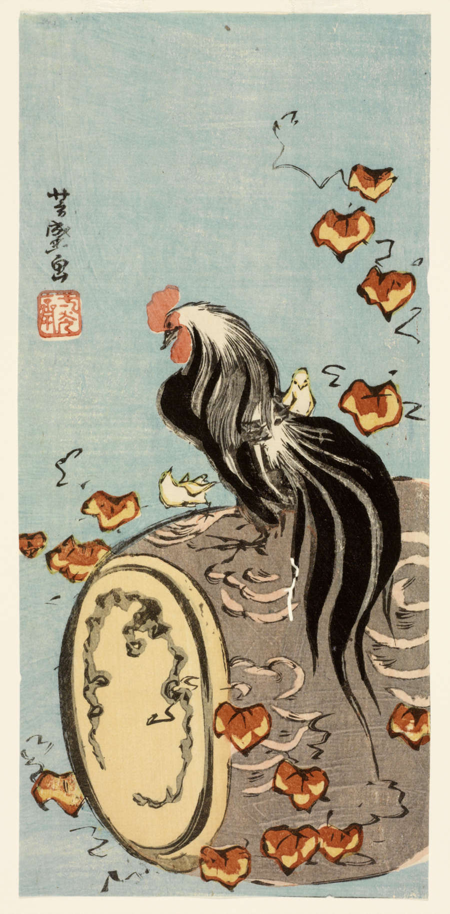 A woodblock print of a red-crested black rooster perched on a wooden drum. Red and yellow ivy leaves swirl around the rooster.
