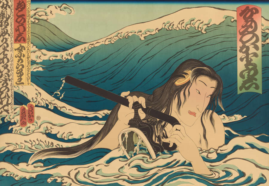 Print in traditional Japanese style of a naked woman with a yellow comb in her hair, wading through turbulent waters with tall waves behind her, holding modern goggles and snorkel.