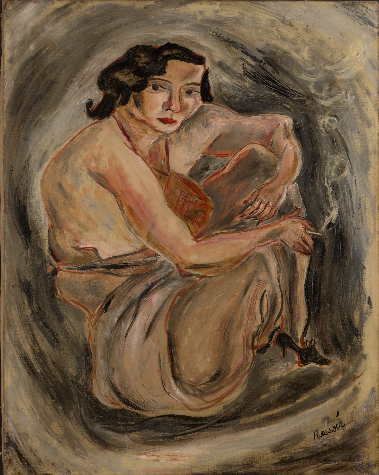 A seated woman in swirling, expressive gray and brown brushstrokes, smoking a cigarette, with a direct gaze. 
