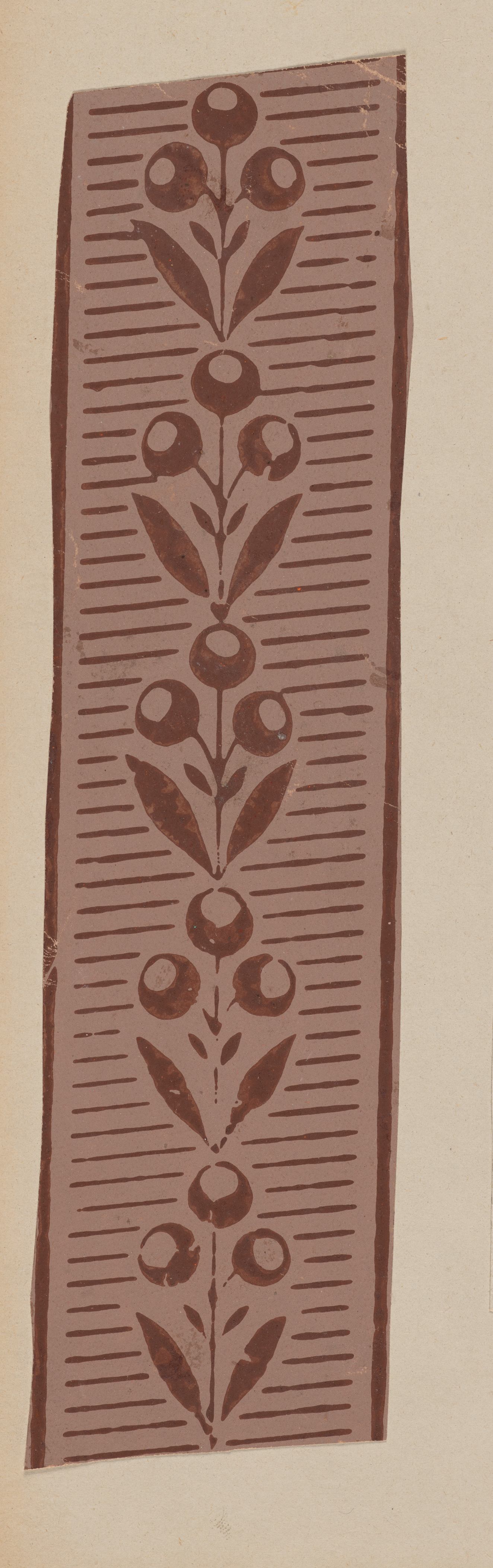 Brown ornamental border on a neutral background featuring repeated floral motifs with three rounded shapes atop a slim stem and leaves, atop a thin striped backdrop and edges.