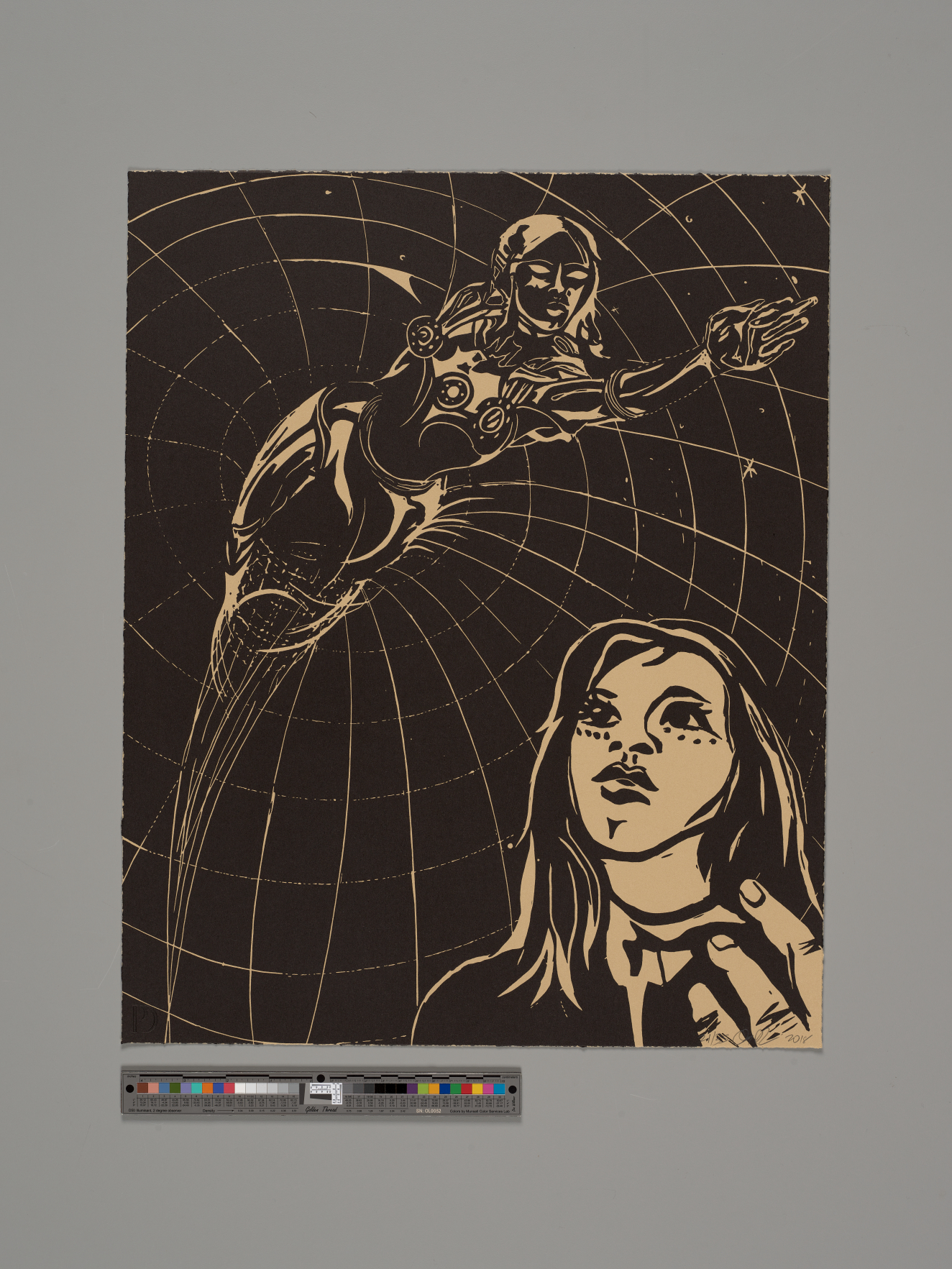 Graphic black on tan illustration showing a woman gazing upwards at a futuristic, android-like figure reaching out from a cosmic webbed backdrop. The android figure blends in with the webs.