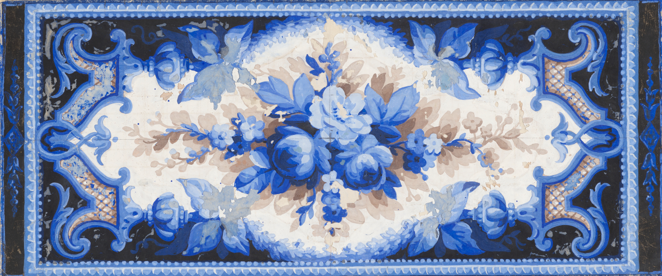 Ornate blue floral and berry design at center set against a beige background. Surrounded by ornate blue patterning against a black background.