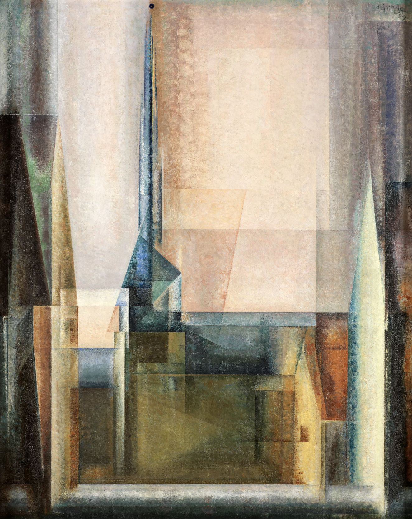 A composition of layered translucent shapes, forming angular structures within a soft light, suggesting the shape of a cathedral.