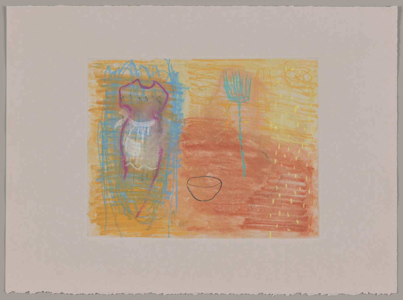 Artwork featuring a crudely outlined pink dress with a white apron, a blue broom-like object pointing upwards, and a bowl set against a scribbly blue, yellow, and orange bricklike background. 