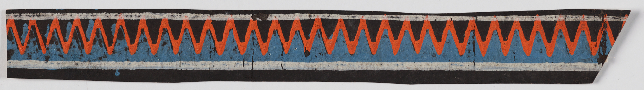 Decorative black border design on a light background featuring repeating triangular geometric motifs in blue with orange outlines, bordered by thin white lines.