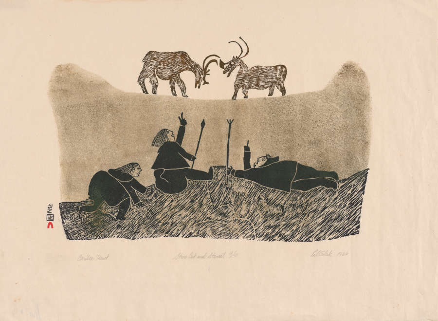 Print of three figures on the ground with various pronged tools. Above them are two goats with long horns facing each other. The central figure points upwards towards the goats.