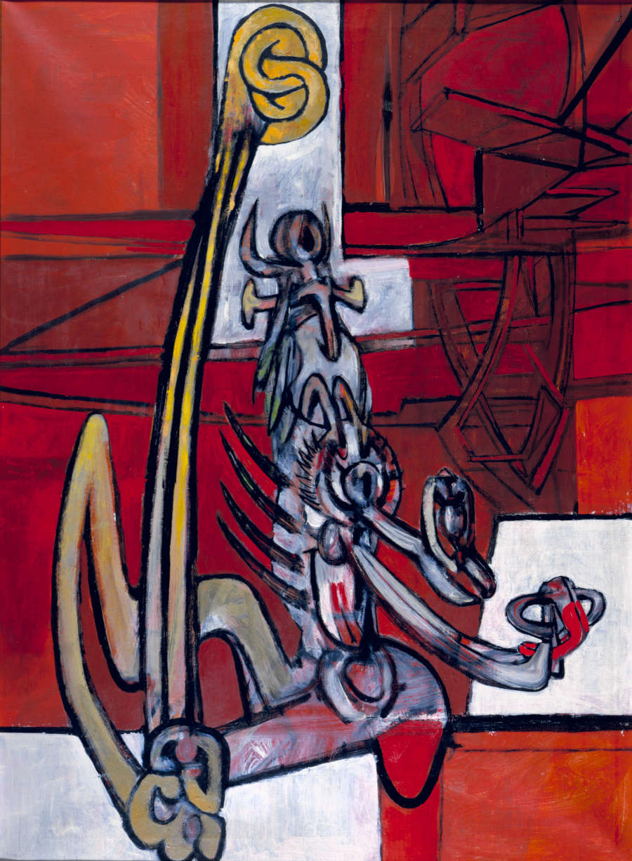 Painting of an ambiguous jagged gray figure holding a yellow sword against white rectangles on a red background. Black graphic lines pattern and outline the figures and background.