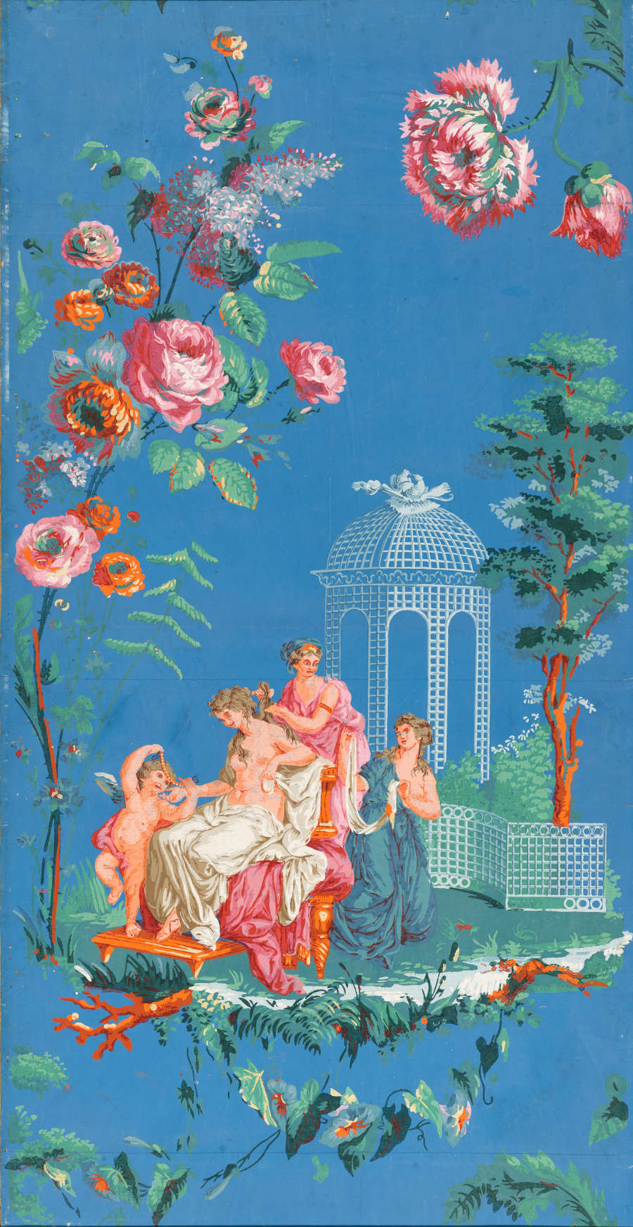 Segment of wallpaper featuring a vibrant,idyllic scene of individuals wearing flowing garments in a lush garden with a trellis. Floral motifs surround the scene set against a blue backdrop.