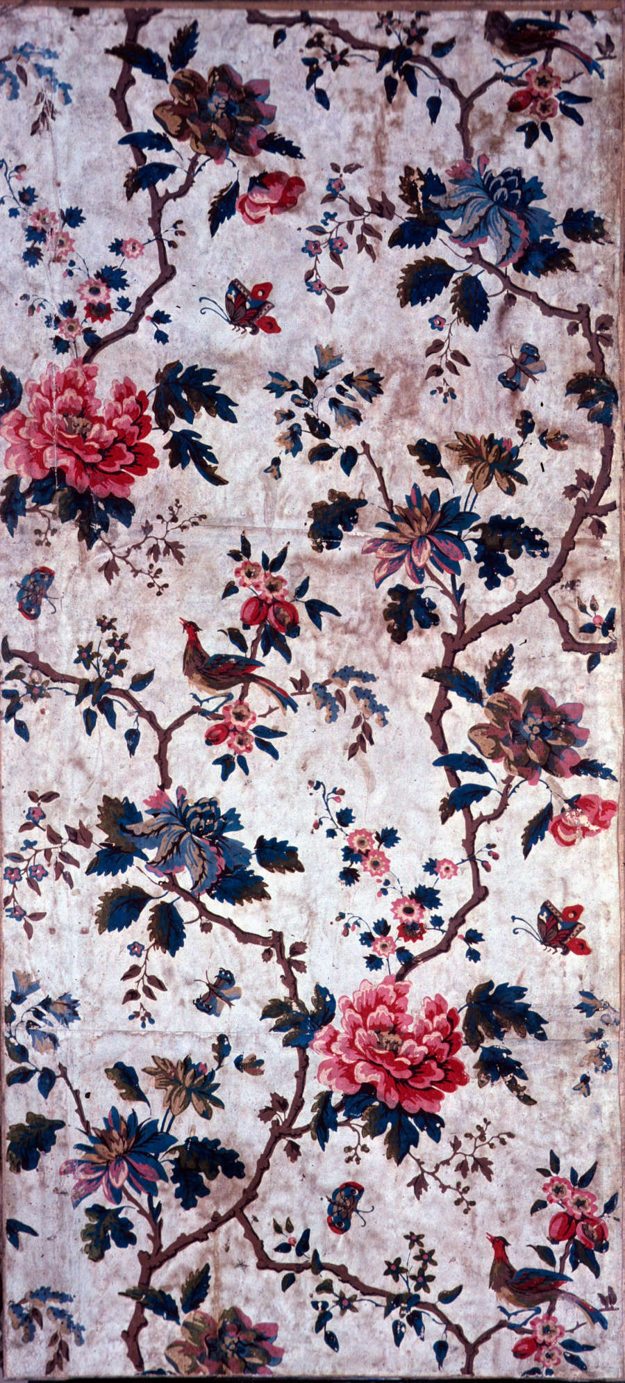 Tan, aged wallpaper with repeating motifs of multicolored flowers and leaves on brown jagged branches. Tiny, colorful butterflies and birds on branches repeat throughout. 