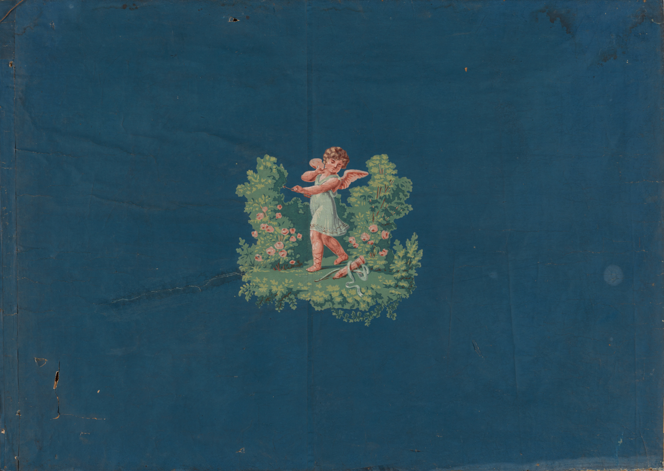 Pastoral scene of a winged cherub playing in a patch of lush greenery and blooms, contrasting with the rich blue surrounding background.