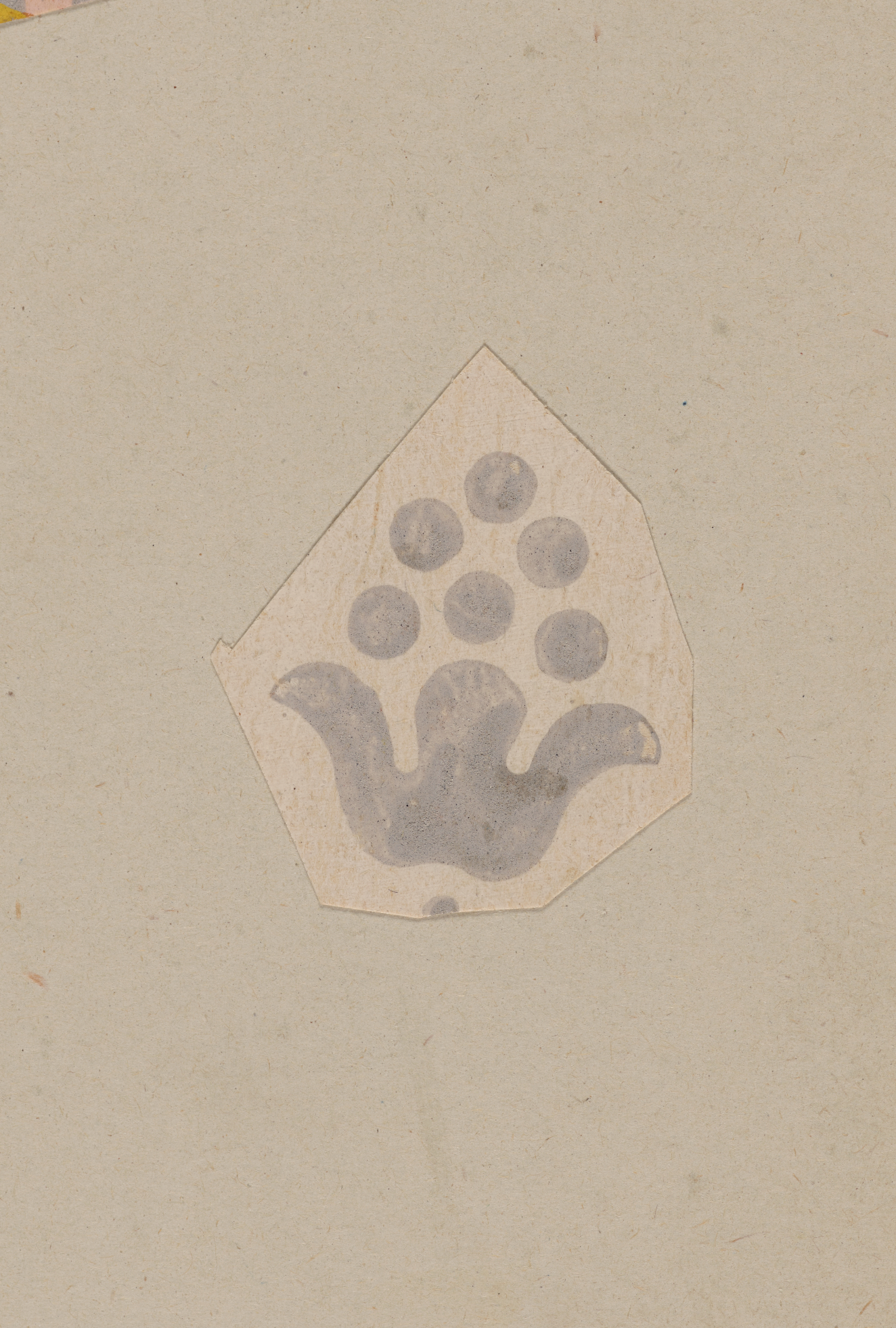 Stylized gray flower motif cutout on a neutral background featuring a cluster of dots above a curved base.