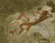 Painting of two nude young men--one dark-skinned, the other light-skinned. They relax on a bed and affectionately cuddle with a small white dog. Brushwork is loose and palette is muted.