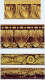 Four decorative design strips in gold on a white background depicting intricately shaded shields, leaves, flowers and geometric embellishments.