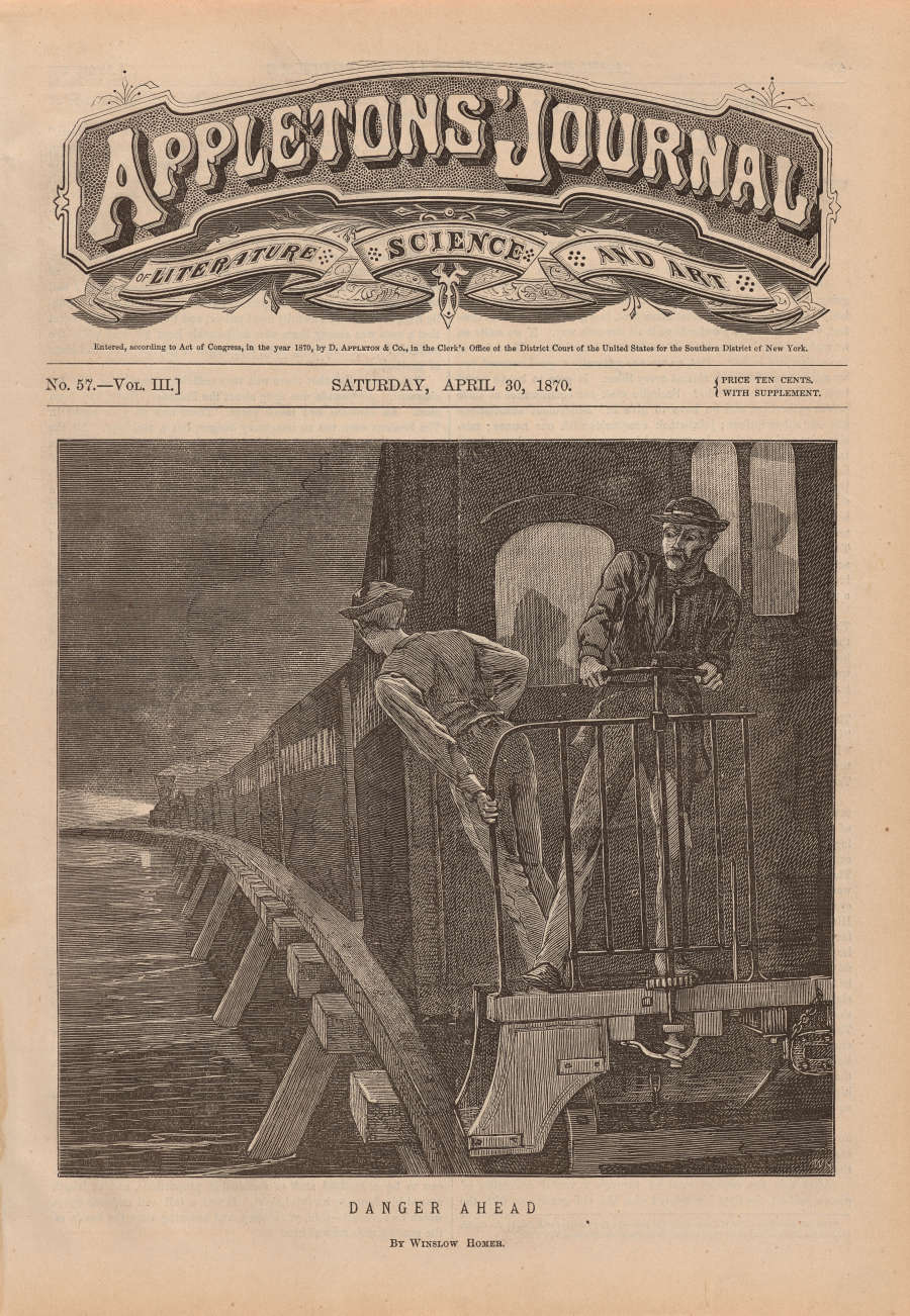 A journal cover with the title “APPLETONS’ JOURNAL”. At center, a dark illustration depicts two figures standing on a train, one looking back and the other looking forward.