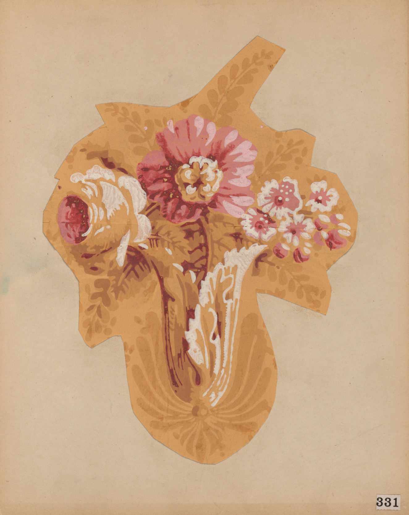 Decorative bouquet with vibrant pink, white, and red flowers surrounded by a thick yellow outline, set against a beige background.