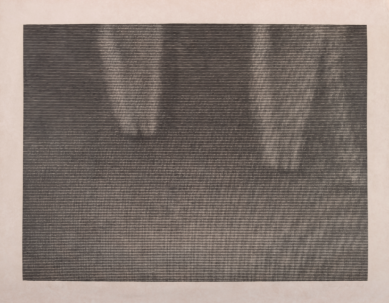 A grayscale image made of horizontal lines, coming together to form a hazy depiction of vertical streaks