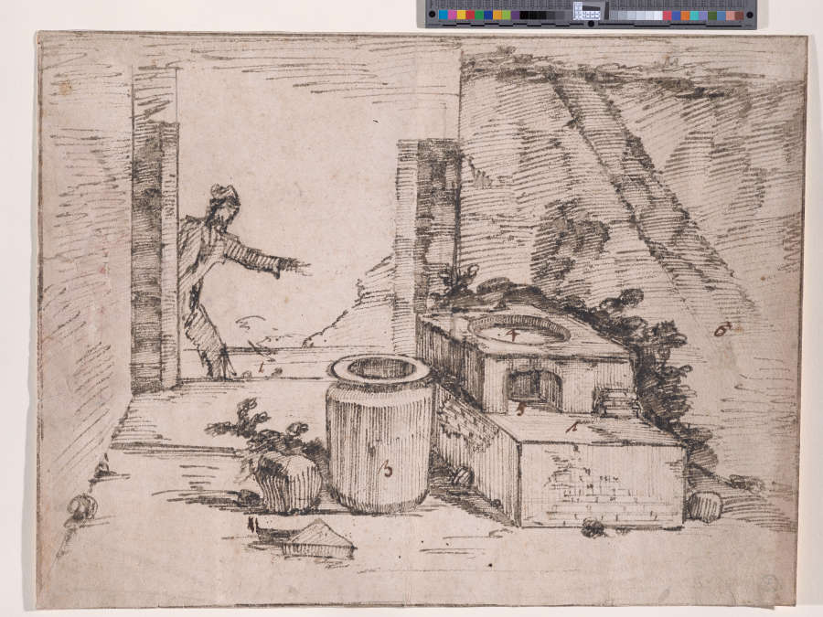 A reed pen and black ink drawing of the interior of a tavern in Pompeii. A figure peers in the doorway at the ruins of the stone vats and bar.