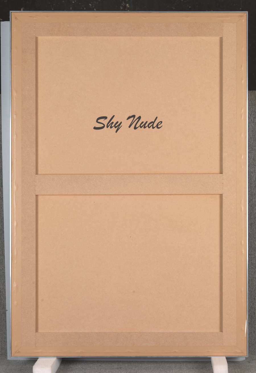 Back of a framed panel leaning against a corner, with the label "Shy Nude" in large print in a cursive font.