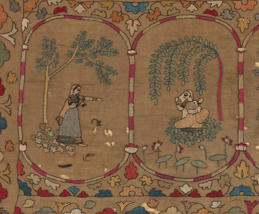 Two subsections of a row of illustrations, framed by colorful floral motifs, showing a figure beside a tree on the left, and a figure sitting under a tree on the right.