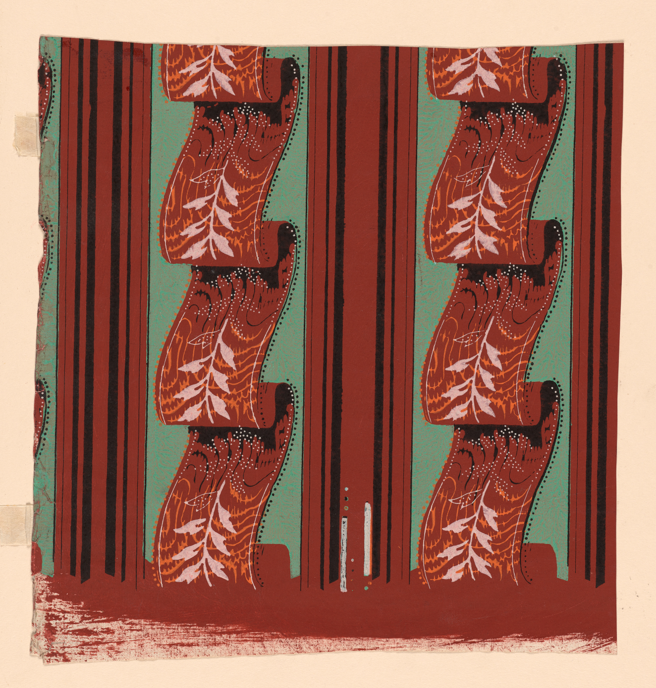 Alternating red vertical rectangular columns with vertical wavy ribbons with white leafy motifs set against a light green background.