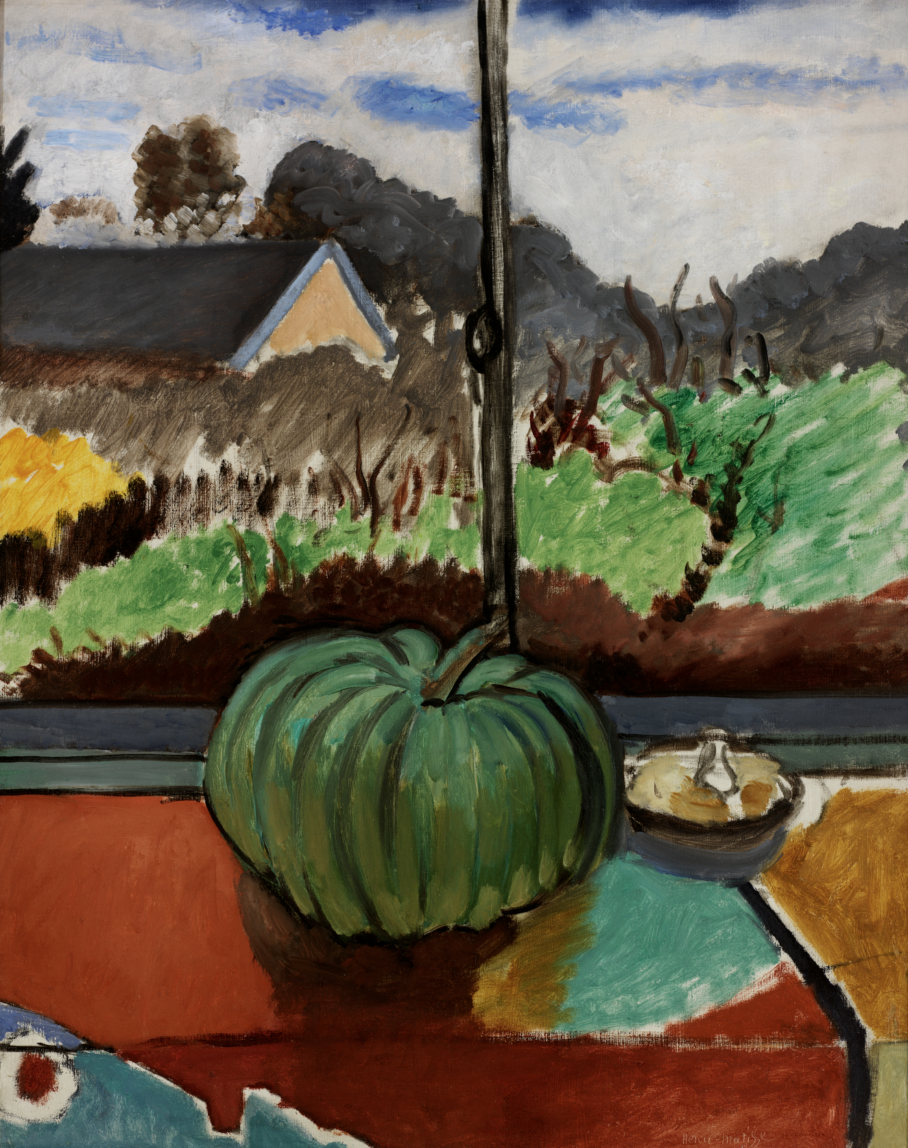 A large green pumpkin sits beside a bowl on an orange table before a window showing a house amid trees beneath a cloudy blue sky, painted with bold, loose brushstrokes. 