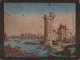 Aged, sunset painting of a vast city with bridges, tall circular buildings and grand houses close to the shore. People horseback riding and in boats are in the water.