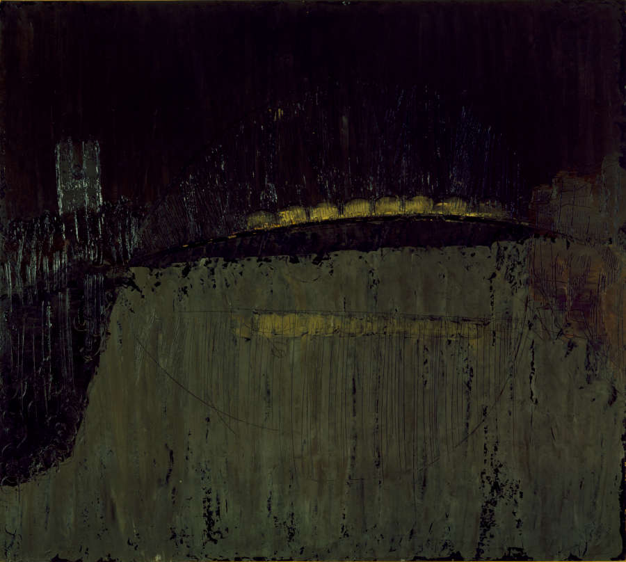 Abstract painting depicting small gold rectangles placed sequentially against a black background, directly below them is a large unsaturated rectangular shape that fills the lower half of the oil-painted canvas.