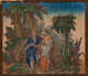 Scene portraying two haloed figures and a glowing baby in a palm grove, with a dramatic sunset sky and tropical flora around.