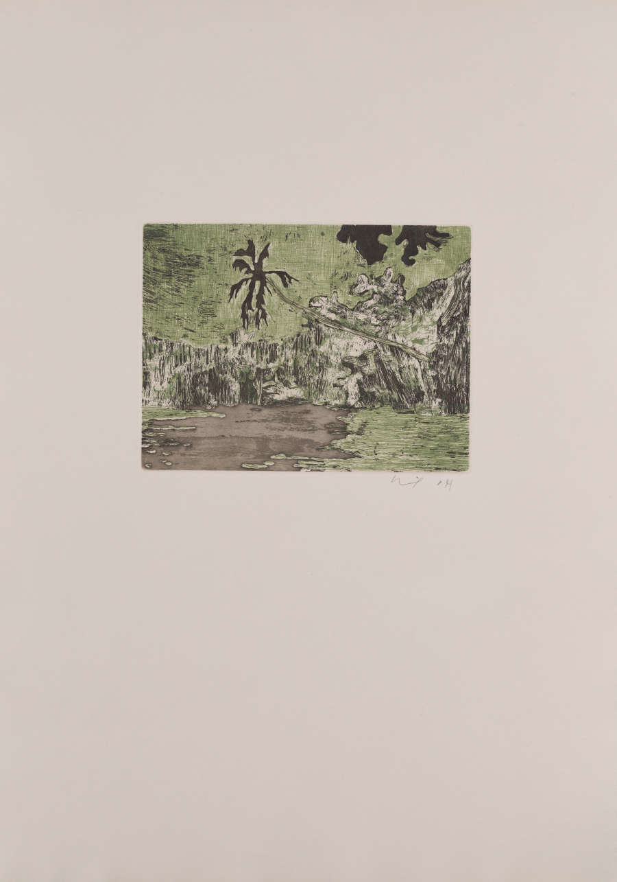 Green-toned print of a landscape that features rocky cliffs. The sky is a medium shade of green. A tree horizontally cuts through the center.