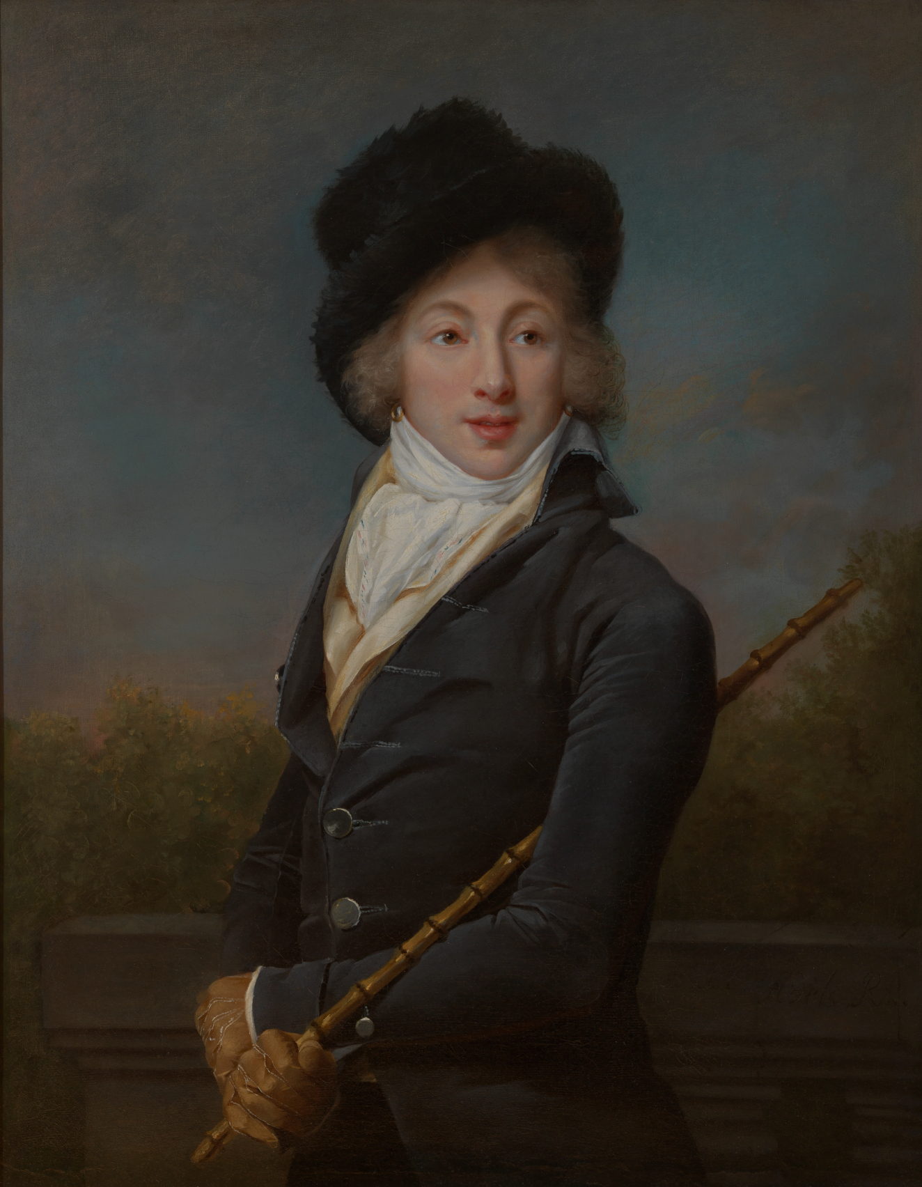 A painted waist-up  portrait of a young European man in wealthy 18th-century attire against an outdoor landscape background. He wears a fuzzy black hat and holds a cane in his folded hands.
