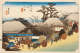 Oxen pulling carts with goods towards a busy market stall, surrounded by houses and set against a backdrop of tall trees and a blue sky.