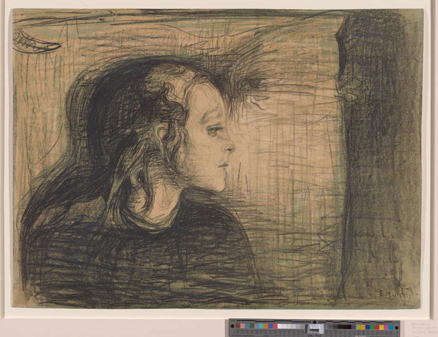 Lithograph depicting the side profile of Edvard Munch’s sick sister. Her head rests on what appears to be a pillow as she looks to the right with a sad expression.