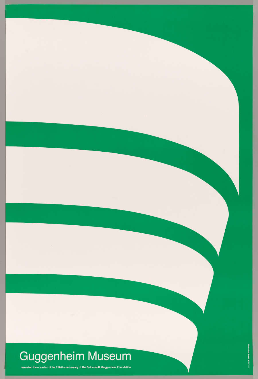A graphic of stacked white curves set against a vibrant green background, representing the Guggenheim Museum’s architecture, with white text at the bottom: “Guggenheim Museum.”