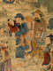 Detail of the scroll showing five figures standing together. The central figure seems to be in motion and looks rightwards, while all other figures stand straight and look leftwards.