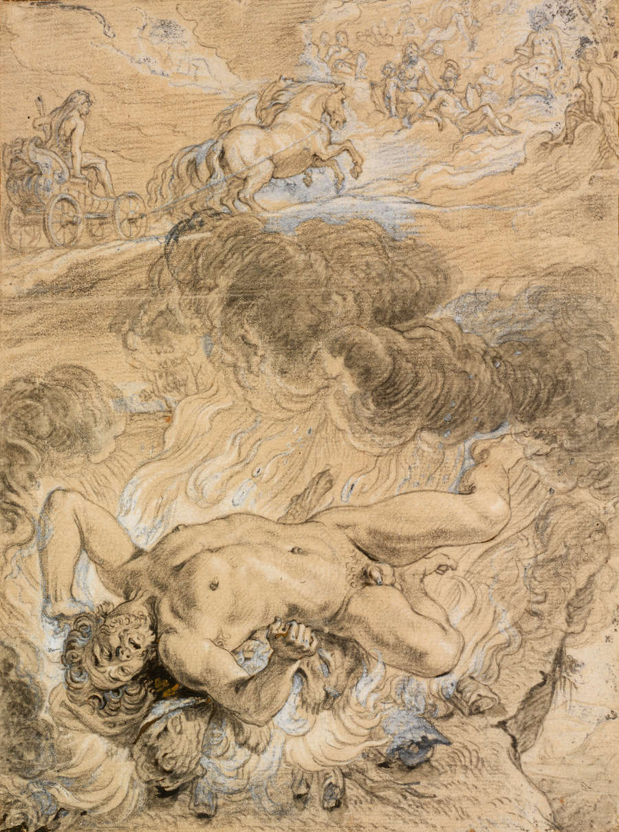 A bearded and nude Hercules lays across the bottom of the drawing on his funeral pyre. The top half depicts his entering Olympus via chariot, welcomed by the gods.