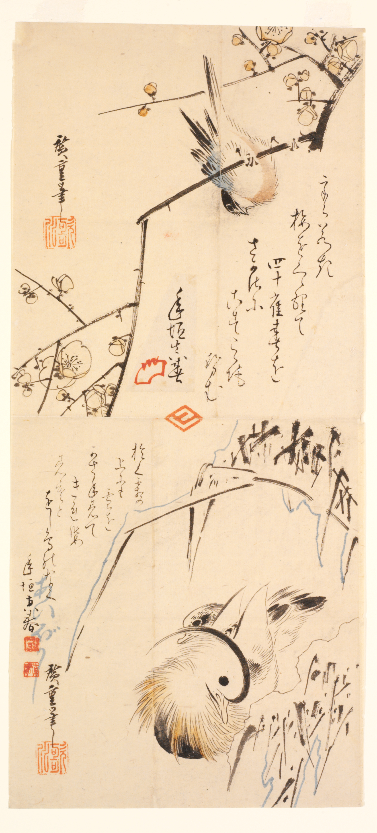 A small bird perched among blossoms above a duck drifting, set against a pale-orange background. Calligraphy fills the space between the two birds.