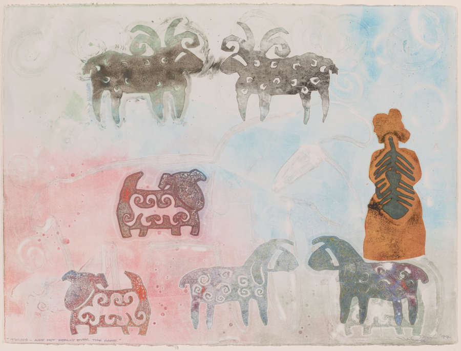 Print of an animal herd with characteristic abstract geometric motifs against a washy, swirling, pink-blue background. A yellow figure with blue skeletal detailing stands with them in the bottom right.