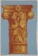 Wallpaper fragment depicting a warm gold column with ornate floral and shell carvings set against a blue-gray background.