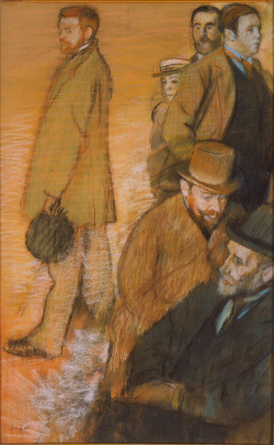 Figures with coats, hats, suits, and beards, gathered together and drawn with loose lines in earthy tones against a flat warm-toned background. 