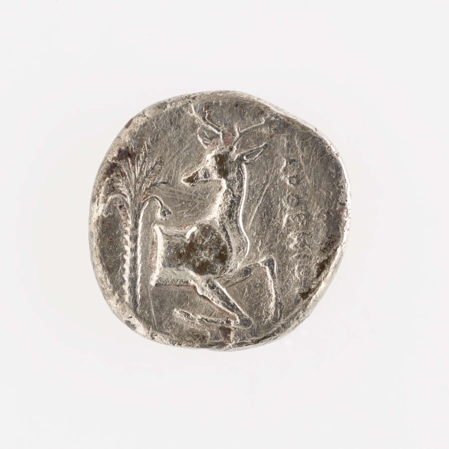 Another side of the rough-edged round silver coin embossed with an image of a deer beside some foliage, with a line of Greek lettering next to it.