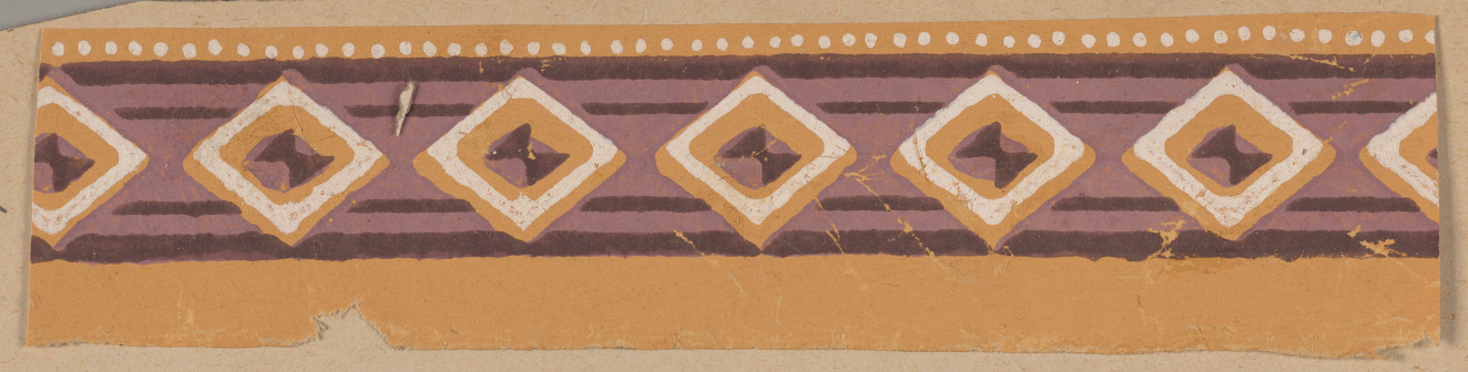 Decorative border featuring a central diamond pattern with a white outline and black accents over a purple and black striped background framed by yellow stripes and a dotted white line.