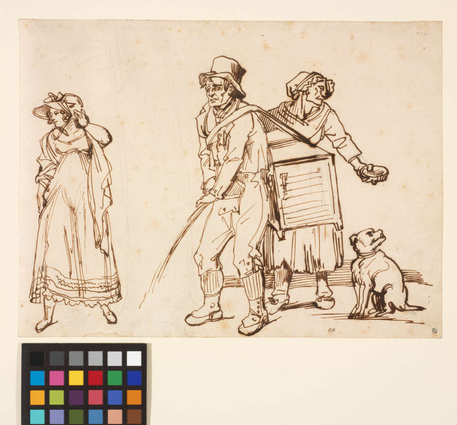 A pen and ink drawing of a young, elegant woman averting her gaze from an organ grinder peeing in the street beside a ragged, older woman in feeds a dog.