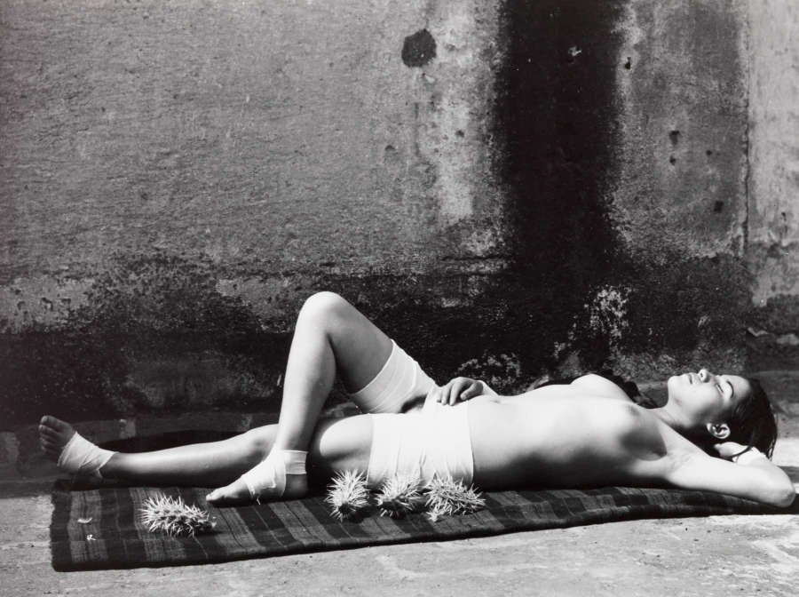 Monochrome photo of a woman laying on a towel outside alongside strewn cactus pods. She is naked but has bandaged thighs. A thin border is around the print. 
