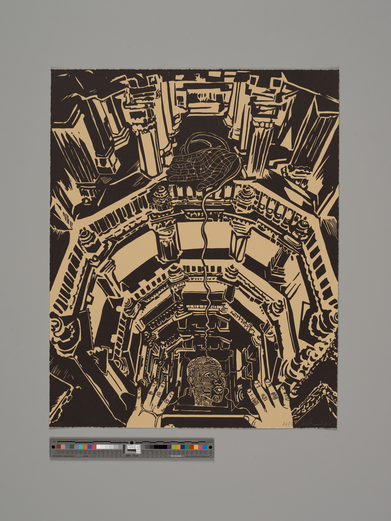 Complex black on tan illustration of an intricate, futuristic yet ancient-looking circular multi-storied structure. The viewer looks down the interior chamber, making the structure appear infinite and abyss-like.